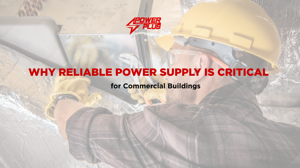 Technician installing electrical components in a commercial building, highlighting the importance of a reliable power supply for business operations.
