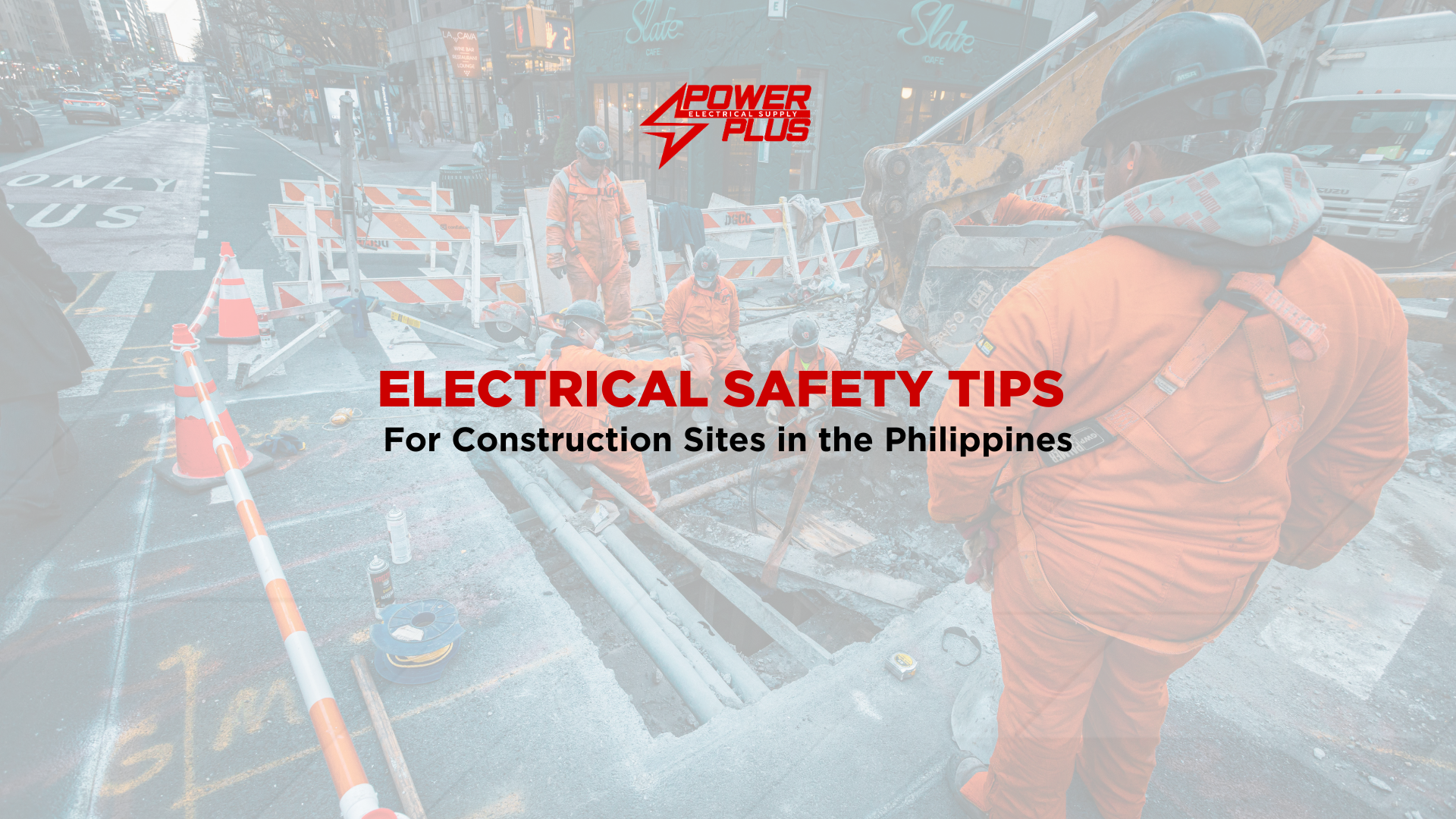 Construction workers wearing safety gear following electrical safety procedures on a job site in the Philippines.