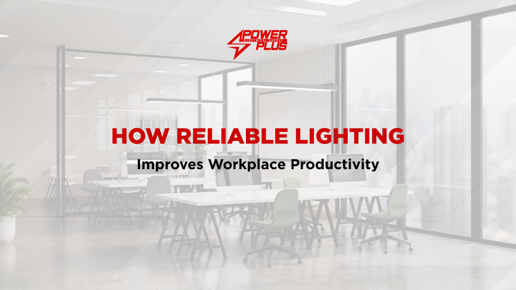 Modern office workspace with bright overhead lighting illustrating how reliable lighting improves workplace productivity by creating a comfortable and efficient work environment.