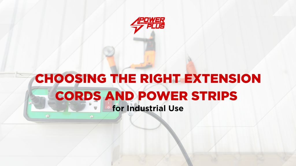 Industrial extension cord and power strip setup used in a workspace, highlighting how to choose safe and reliable power solutions for industrial applications.