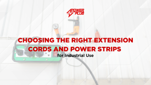 Industrial extension cord and power strip setup used in a workspace, highlighting how to choose safe and reliable power solutions for industrial applications.