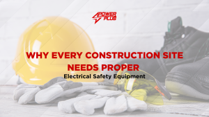 Construction safety equipment including a hard hat, protective gloves, safety glasses, and work boots arranged on-site to promote electrical safety practices.