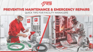 Industrial technicians performing preventive electrical maintenance on facility equipment to reduce downtime and avoid costly emergency repairs.