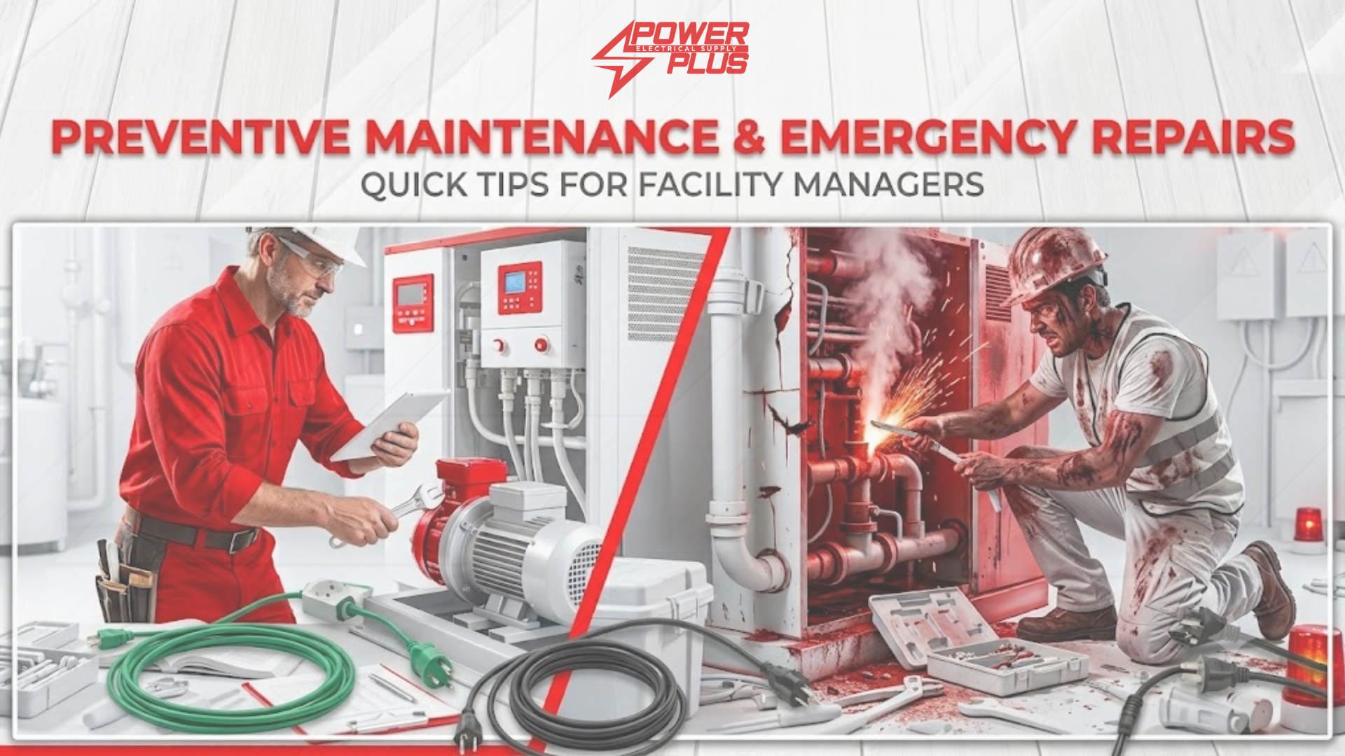 Industrial technicians performing preventive electrical maintenance on facility equipment to reduce downtime and avoid costly emergency repairs.