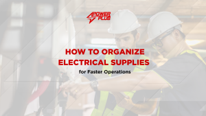 Organized electrical supplies in a warehouse for construction and industrial projects